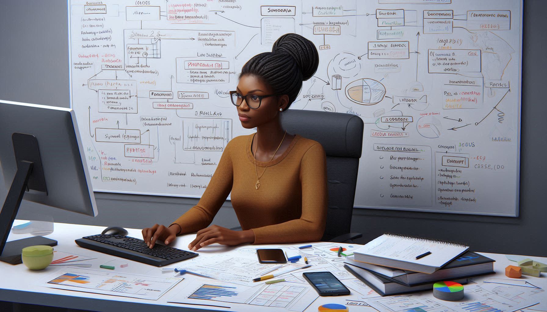 A nigerian lady programmer brainstorming solutions on a whiteboard, surrounded by diagrams and flowcharts - Espiknow